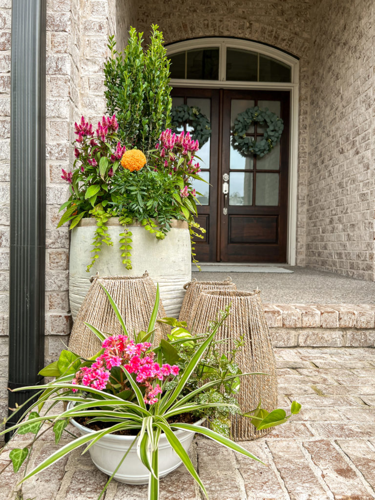 planters, pots, plants, lanterns, outdoor decor, summer, porch, design, candles, front porch