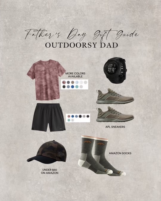 outdoorsy, workout, fit, active, shorts, t shirt, watch, tennis shoes, socks, hat, father's day gift